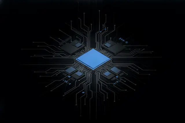 Illustration of fine circuit traces converging into a glowing blue processor