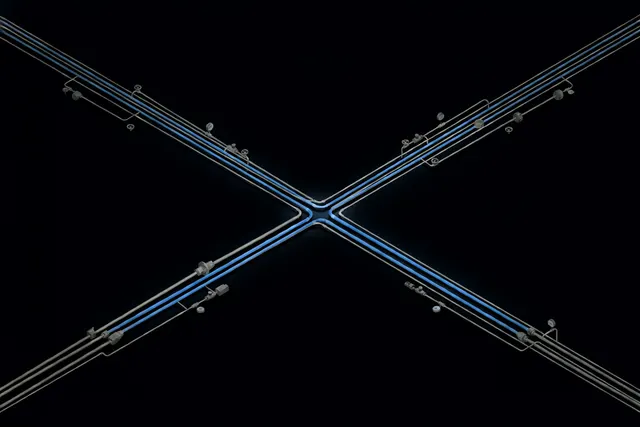 Illustration of many cables converging into one organized glowing trunk line