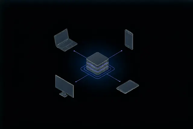 Illustration of devices synchronizing files with a central server hub